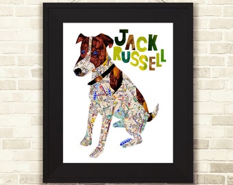 Lámina artística de perro Jack Russell: collage de mapa del metro