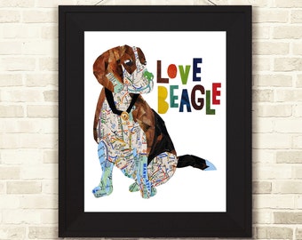 Beagle Dog Art Print – kaartcollage, kleurrijk huisdierportret