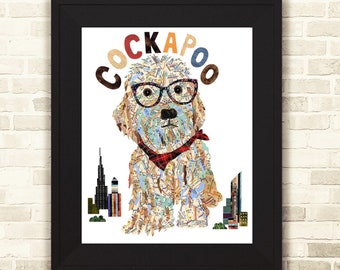 Stampa artistica di un cane Cockapoo, collage con mappa della metropolitana