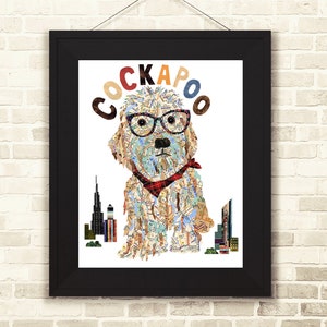 May include: A framed print of a Cockapoo dog made from a collage of maps. The dog is wearing glasses and a red and black plaid bandana. The word "Cockapoo" is spelled out in colorful letters above the dog.