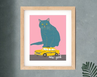 cat art print/cat print wall art/art print cat/cat/cat art/cat taxi art print/cat New York art/blue cat/blue cat art print/NY CAT