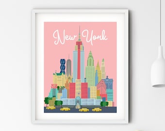 NYC art print/New York illustration /new york print wall art/art print New York/NYC/NYC art/pink sky New York