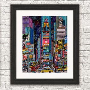 Puede incluir: Una ilustraci&oacute;n colorida de Times Square en la ciudad de Nueva York por la noche. La imagen presenta luces brillantes, vallas publicitarias y fuegos artificiales. La ic&oacute;nica bola de Times Square es visible en la parte superior de la imagen.
