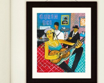 queen bee- blues queen-blues print-music woman-art print-woman music paint-blues woman