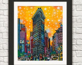 Lámina artística del edificio Flatiron, colorida pintura emblemática de Nueva York.
