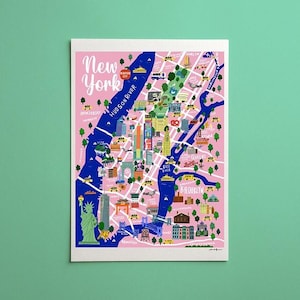 May include: A colorful illustrated map of New York City on a pink background. The map features the Hudson River in dark blue, the Statue of Liberty, and various city landmarks with labels. The text New York is written in white script at the top.
