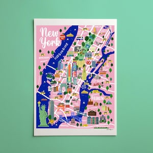 May include: A colorful map of New York City with a pink background and blue rivers. The map includes illustrations of landmarks like the Statue of Liberty and the Brooklyn Bridge. The words "New York" are written in a cursive font.