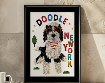 May include: A framed art print featuring a colorful illustration of a Doodle dog wearing orange glasses and a red and white striped scarf. The words "DOODLE NEW YORK" are displayed in various colors above and to the right of the dog.