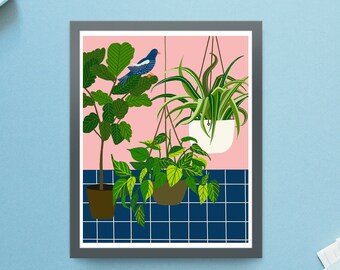 Plants and bird art print/Pothos /spider plant /fiddle leaf fig