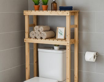 Handcrafted Solid Wood Bathroom Shelf – Over-Washer Organizer – 2-Tier Natural Wood Storage Rack