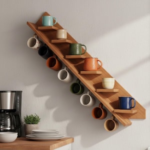 Può includere: Un portabicchieri in legno con un design diagonale, che contiene una varietà di tazze colorate. Le tazze sono in tonalità di blu, verde, arancione e beige. Il portabicchieri è montato su una parete bianca, con una caffettiera e piatti visibili sullo sfondo.