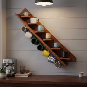 Peut inclure: Étagère en bois inclinée avec plusieurs petites étagères et crochets, présentant une variété de tasses à café colorées. L'unité est fixée sur un mur gris clair, avec une machine à café et d'autres articles sur un comptoir en bois.