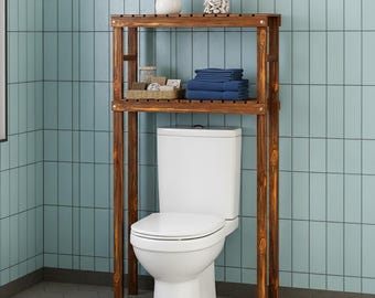 Handcrafted Solid Wood Bathroom Shelf – Over-Washer Organizer – 2-Tier Natural Wood Storage Rack