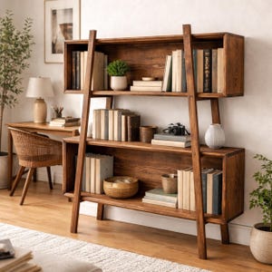 Puede incluir: Una estantería de madera marrón oscuro con un diseño de escalera. Los estantes están llenos de libros, objetos decorativos y una pequeña planta en maceta. Un escritorio y una silla son visibles en el fondo, creando un rincón de lectura acogedor.