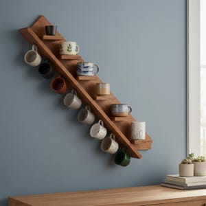 Peut inclure: Un présentoir mural en bois pour tasses, de conception diagonale, contenant une variété de tasses en céramique. Les tasses présentent diverses couleurs et motifs, notamment des motifs noirs unis, mouchetés et floraux. Le présentoir est fixé sur un mur bleu.