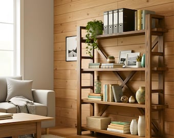 May include: A wooden bookshelf with multiple shelves, filled with books, decorative items, and file folders. The bookshelf is a warm brown color and has an X-shaped support on the sides. A small plant sits on top of the shelf.