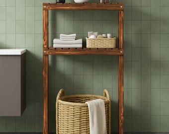 Handcrafted Solid Wood Bathroom Shelf – Over-Washer Organizer – 2-Tier Natural Wood Storage Rack