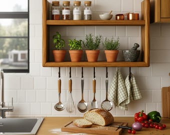 Estante de pared de madera maciza con ganchos para tazas: estante de cocina hecho a mano