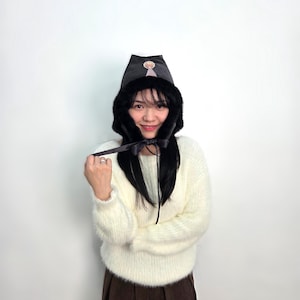 Korean Winter Nambawi Hat, Charcoal Black Suede Ear Flap Hat Inspired by Korean Heritage, Warm Bonnet