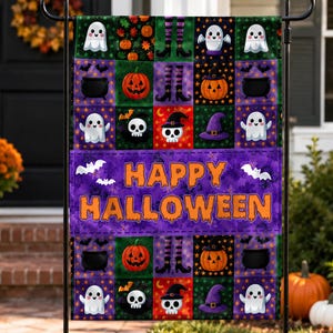 May include: A rectangular garden flag featuring a patchwork grid of Halloween icons including ghosts, pumpkins, black cauldrons, skulls, witch hats, and striped stockings. The center purple band displays the orange text HAPPY HALLOWEEN.