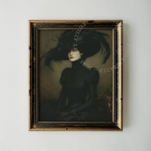 Victorian Woman Feathered Hat Portrait, Gothic Fantasy Art, Dark Academia Decor (Digital Download)