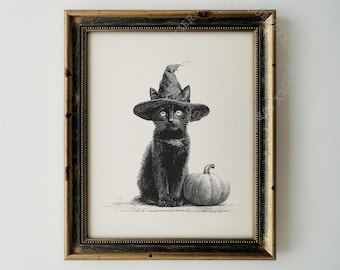 Gato negro con un sombrero de bruja extravagante y una calabaza, arte de Halloween (descarga digital)