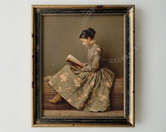 Retrato de mujer victoriana leyendo, arte gótico Dark Academia, estilo vintage, decoración, impresión fina.