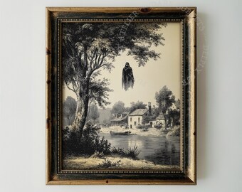 Pintura de fantasma solitario encapuchado, arte vintage de River Village, tono sepia tenebroso y embrujado.