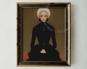 Renaissanceportret, gotische vrouw met halo en zwarte jurk, digitale download