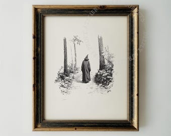 Bruja encapuchada en un sendero forestal, ilustración gótica monocromática en tinta (descarga digital)