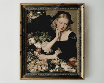 Retrato barroco de mujer pensativa, bodegón vintage, arte romántico (descarga digital)