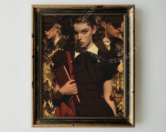 Retrato gótico de estilo Dark Academia, pintura de una colegiala melancólica sosteniendo un libro (descarga digital)