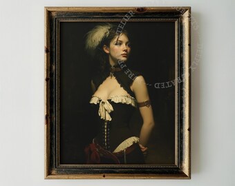 Retrato de figura histórica, mujer con vestido de época, lámina artística de estilo Dark Academia.