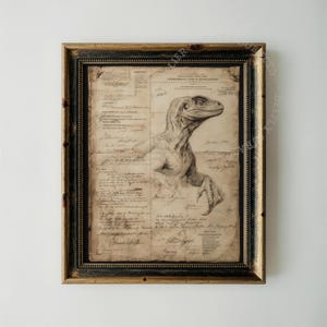 May include: A framed print featuring a detailed pencil-style illustration of a velociraptor superimposed over aged, yellowed document paper with handwritten cursive text and printed headers. The artwork is encased in a dark, distressed wooden frame.