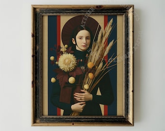 Retrato vintage de una mujer con flores secas y trigo (descarga digital)