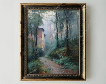 Cuadro vintage de un sendero forestal, lámina decorativa para pared con diseño de una cabaña en un bosque brumoso (descarga digital).