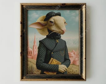 Bohemian Chic Sheep Portrait, Vintage Surrealism Digital Download, Dark Academia Wall Art, Chimera