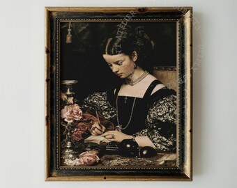 Mujer victoriana escribiendo una carta, retrato oscuro y melancólico para imprimir en la pared (descarga digital)