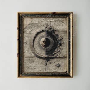 Op de afbeelding: Een ingelijste print op een verweerde, perkamentachtige achtergrond met handgeschreven tekst en een centrale cirkelvormige illustratie. De afbeelding toont een gezicht van de zon dat half verlicht en half in de schaduw is, omringd door ringen.