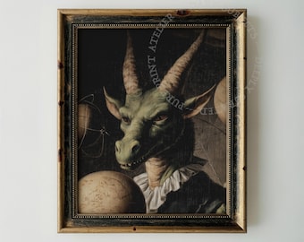 Retrato de figura con cabeza de cuerno, estilo Dark Academia, ocultismo, gótico, criatura mística, decoración espeluznante, acabado antiguo.