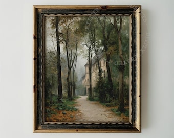 Cuadro vintage de un sendero forestal, lámina decorativa para pared con ambiente de cabaña en el bosque (descarga digital).