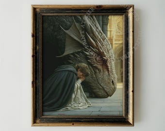 Lámina artística gótica con escamas de dragón, descarga digital de fantasía medieval de catedral