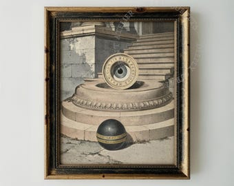 Ojo surrealista y esfera dorada con ruinas clásicas, escena vintage de ambiente melancólico (descarga digital)