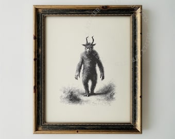 Ilustración de un hombre cabra de terror folclórico vintage en tinta monocromática. Dibujo de una criatura espeluznante.