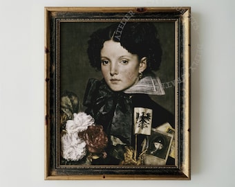 Retrato vintage con rosas, lámina decorativa estilo Dark Academia para imprimir (descarga digital)