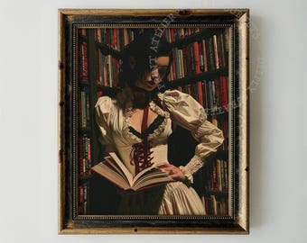 Gothic Art Print Student Reading Dark Academia Wall Decor Mystical Book Lover Portrait Digital Download