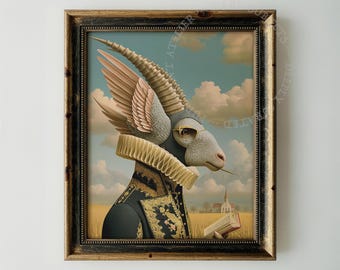 Retrato vintage de cabra alada, quimera, arte animal de estilo Dark Academia para imprimir (descarga digital)