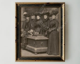 Fotografía funeraria en sepia, dolientes de la época victoriana con ataúd de madera (descarga digital)