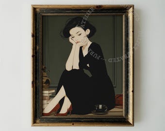 Pensive Woman in Black Dress with Stack of Books, Dark Academia Art (Digital Download)