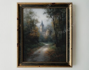Vintage Stone Church Painting, Moody Forest Landscape Printable Wall Art (Digital Download)